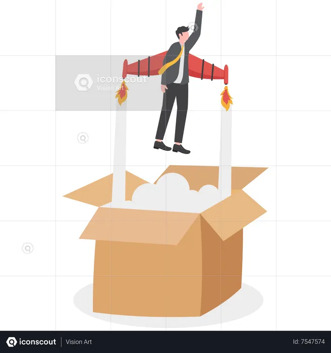Businessman launch from open box with rocket booster  Illustration