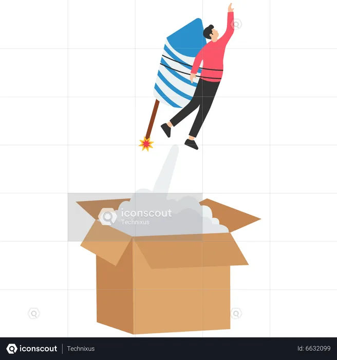 Businessman launch from open box with rocket booster  Illustration