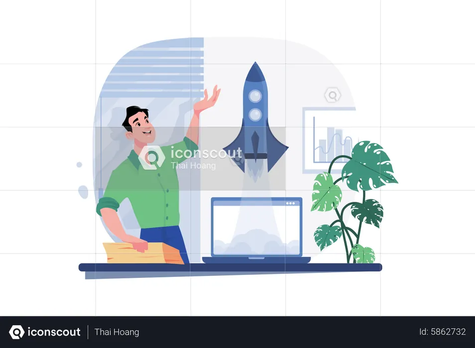 Businessman launches rocket from a laptop  Illustration