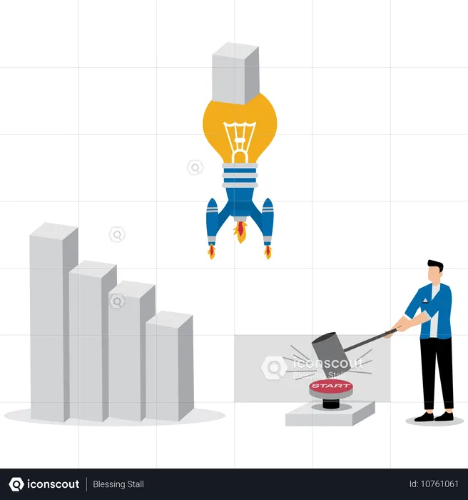 Businessman launching idea light bulb to push downtrend bar graph into sky  Illustration