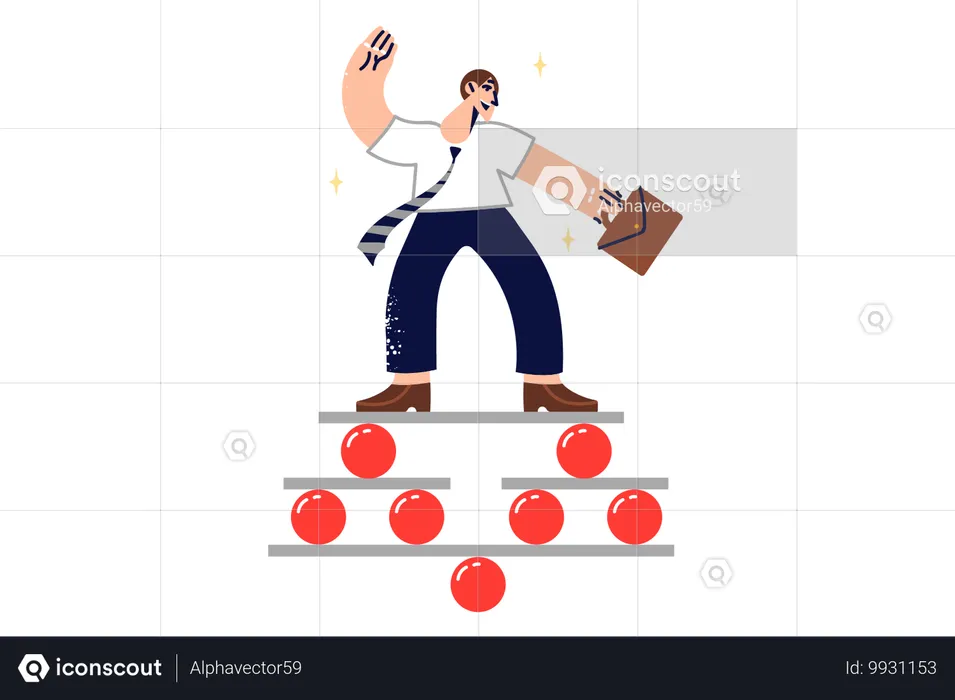 不安定な構造の上でバランスを取りながら、専門的なスキルを持つことの重要性を示すビジネスマン弁護士  イラスト