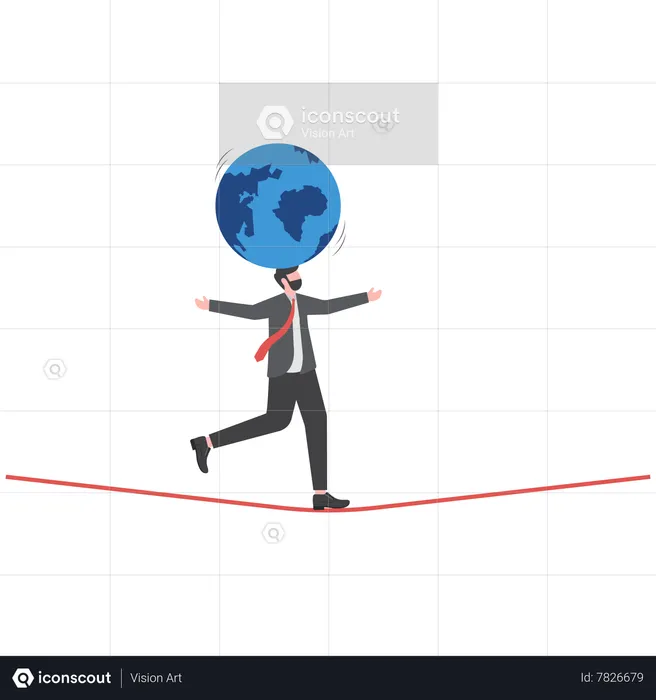 Businessman leader acrobat try to balance world globe on his head  Illustration