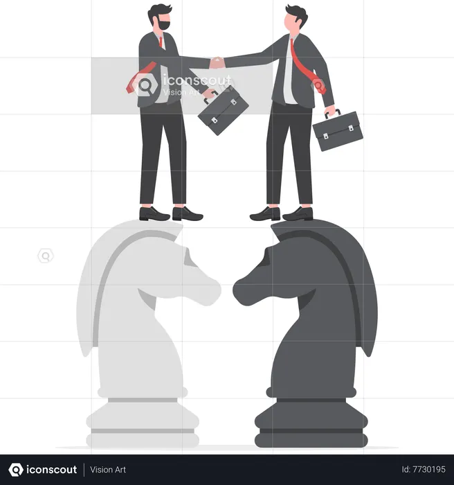 Businessman leader shaking hand on knight chess metaphor of agreement  Illustration