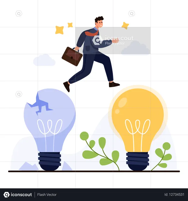 Businessman Leaping Toward Bright Success Idea  Illustration