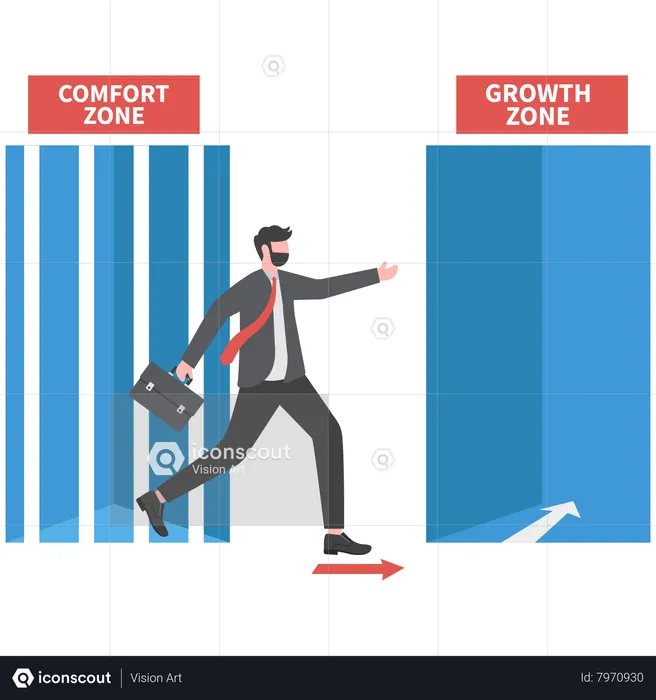 Businessman leaving from door cage the comfort zone going through growth comfort door  Illustration