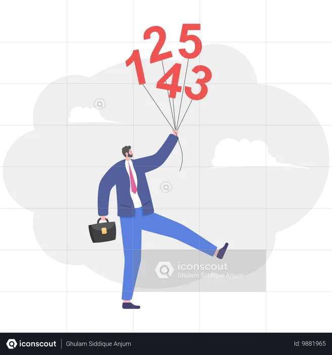 Businessman lifted aloft by bunch of numbers  Illustration