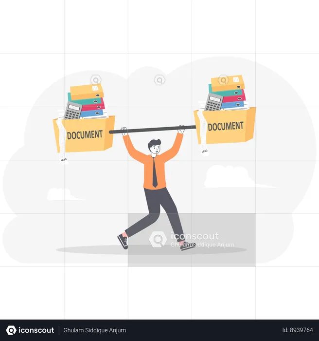 Businessman lifting weights made of heavy files  Illustration