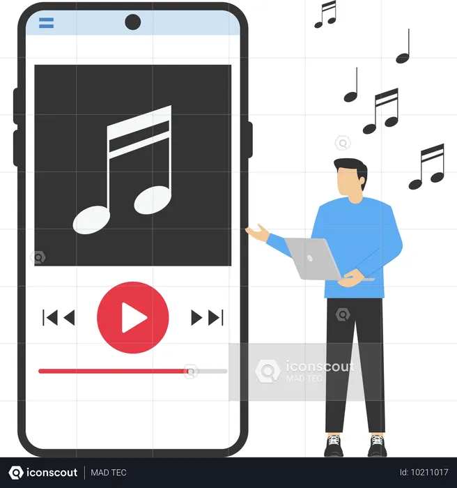스마트폰 앱으로 음악을 듣는 사업가  일러스트레이션
