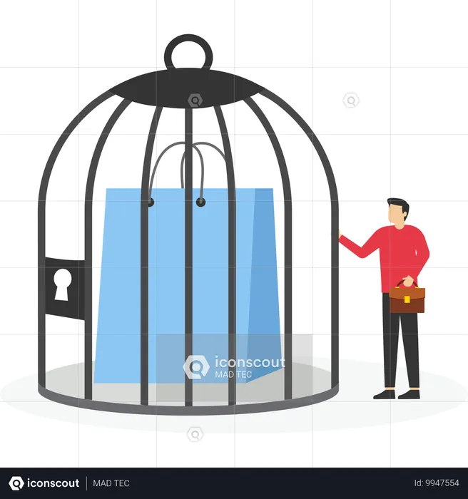 Businessman locks shopping bags in birdcage  Illustration