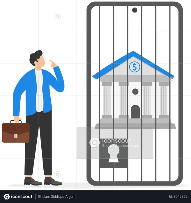 Businessman look at bank building locked inside screen smartphone  Illustration