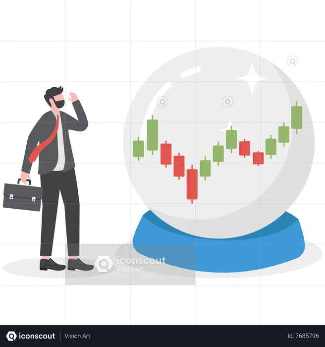 Businessman look at magic sphere future market chart  Illustration