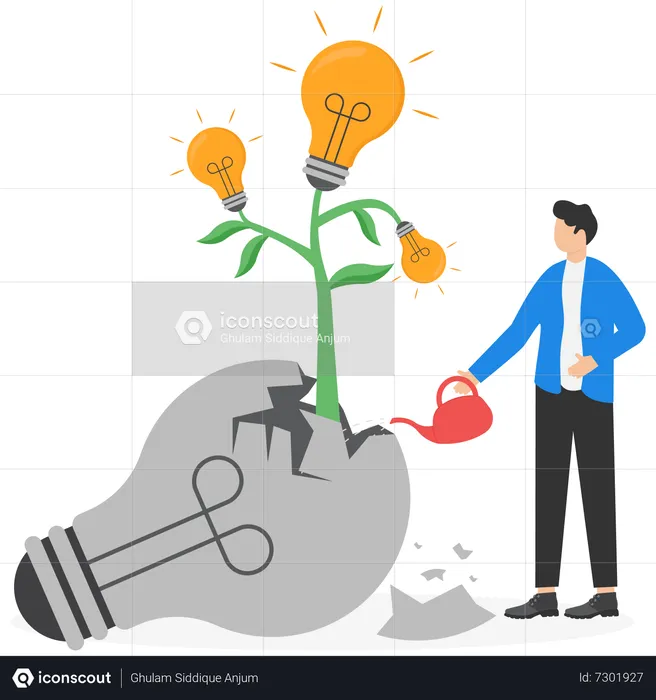 Businessman look at seedling bright lightbulb idea plant grow from broken  Illustration