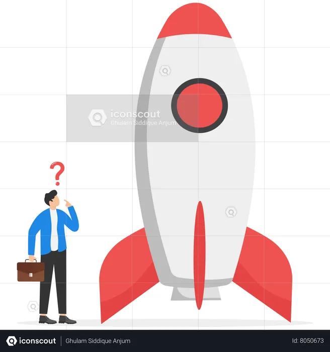 Businessman look high at big innovative rocket to launch company  Illustration