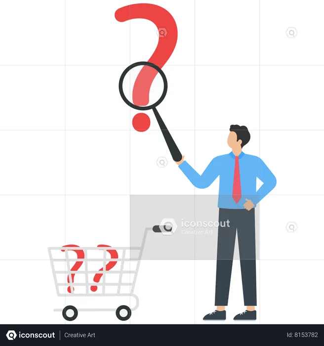 Businessman look through magnifier at question mark  Illustration