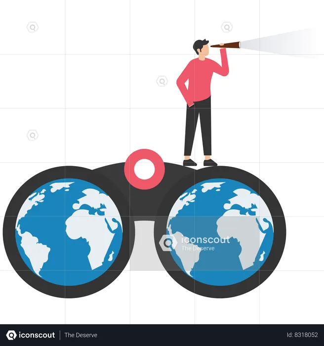 Businessman look through telescope on eyeglasses with world map  Illustration