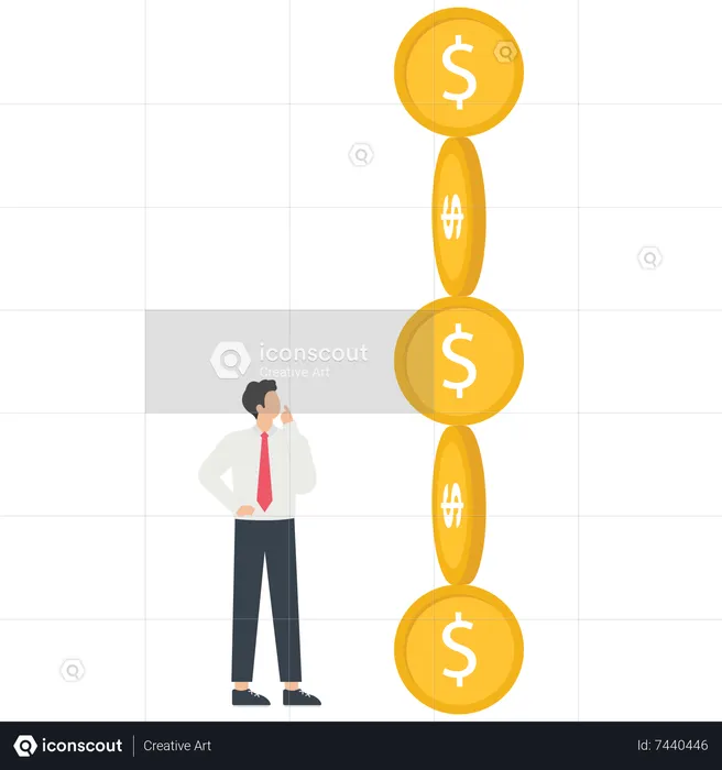Businessman looking at a crumbling pile of gold coins  Illustration
