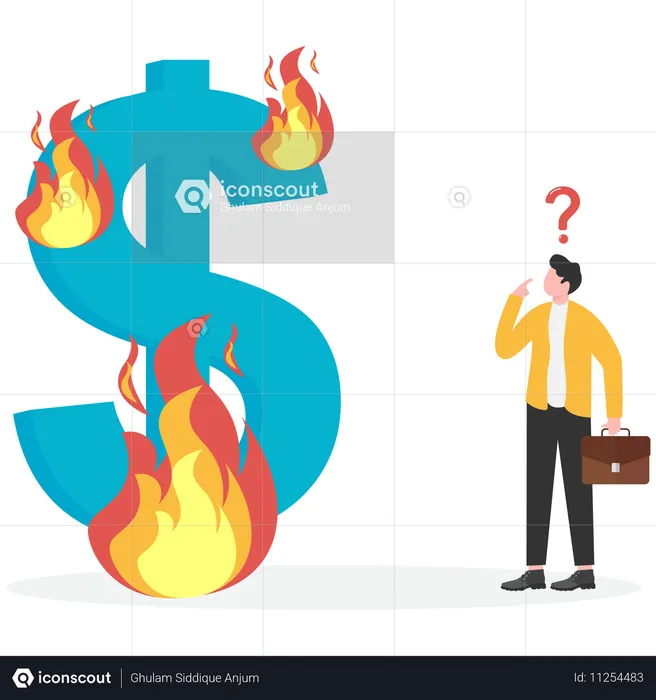 Businessman looking at burning dollar  Illustration