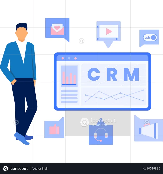 웹페이지에서 CMS 그래프를 보는 사업가  일러스트레이션