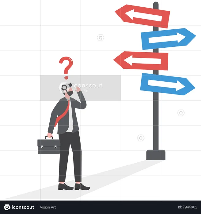 Businessman looking choice sign at multiple road with thinking which way to go  Illustration