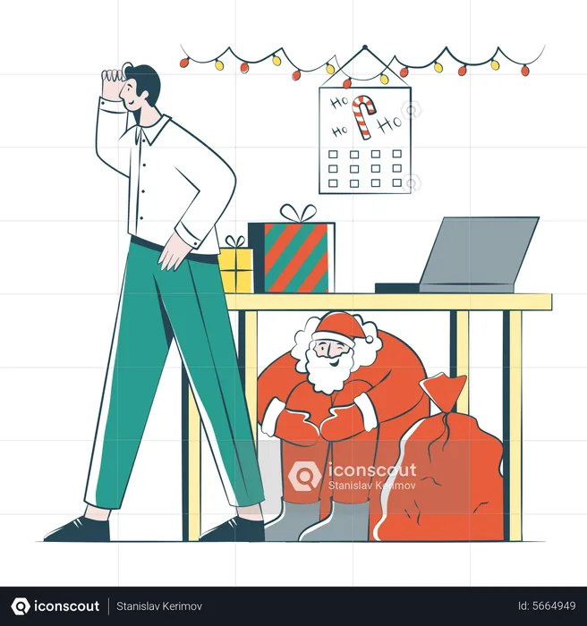 Businessman Looking For Santa In The Office  Illustration