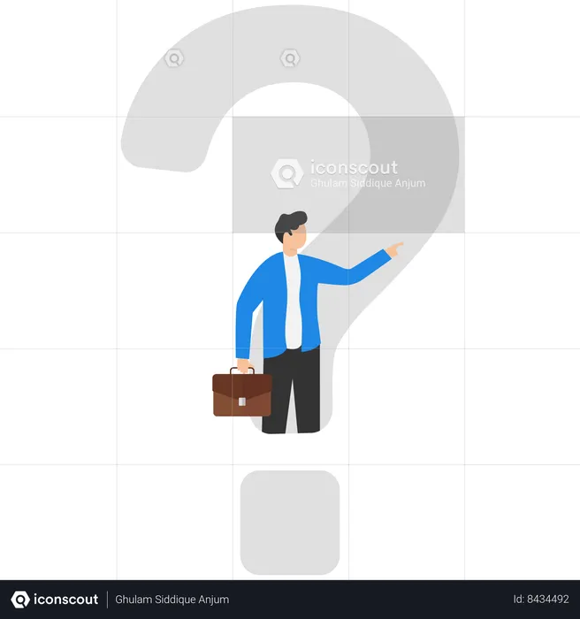 Businessman looking out from question mark and pointing to success  Illustration