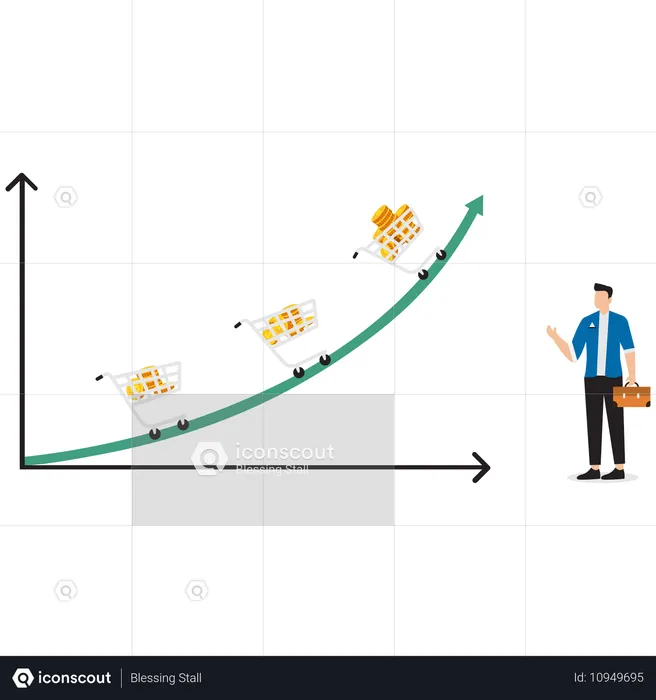 쇼핑 카트 안에 금화가 점점 더 많아지는 상승 차트를 보고 있는 사업가  일러스트레이션