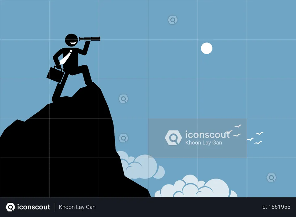 Businessman looking through a telescope on a high mountain ground  Illustration