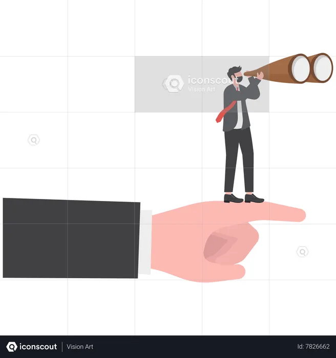 Businessman looking through binoculars standing on big hand  Illustration