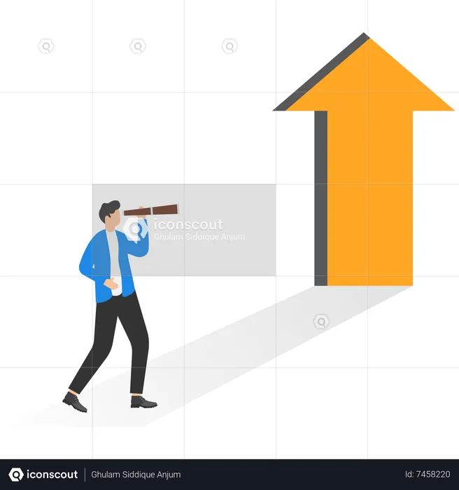 Businessman looking through telescope seeing success vision with arrow symbol  Illustration