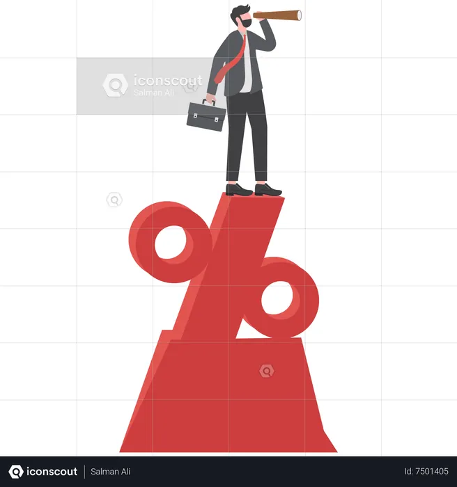 Businessman looking through telescope standing on top of percentage sign  Illustration