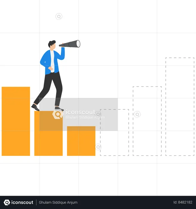 Businessman looking through the telescope and predicting the future of bar graphs  Illustration