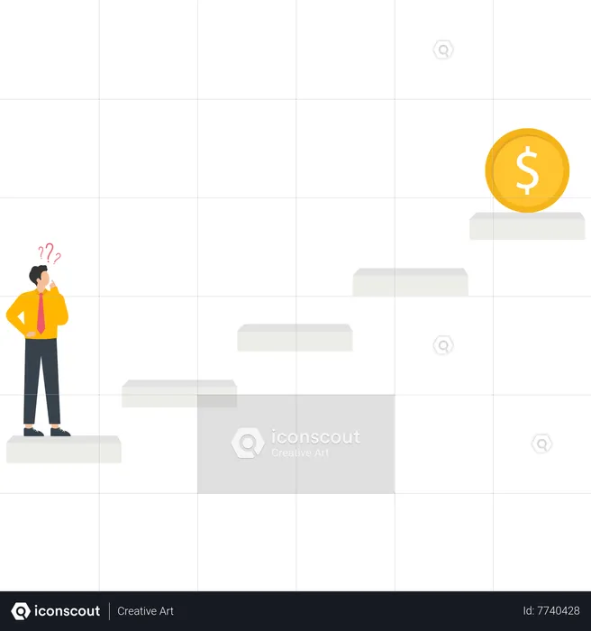 Businessman looks a US dollar coin on atop a ladder  Illustration