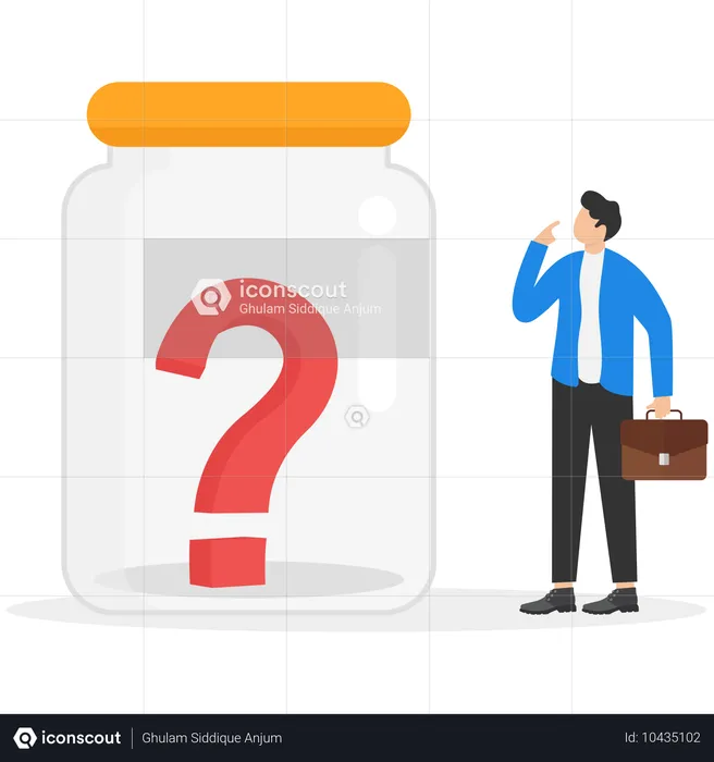 Businessman looks at a question mark under a glass cap  Illustration