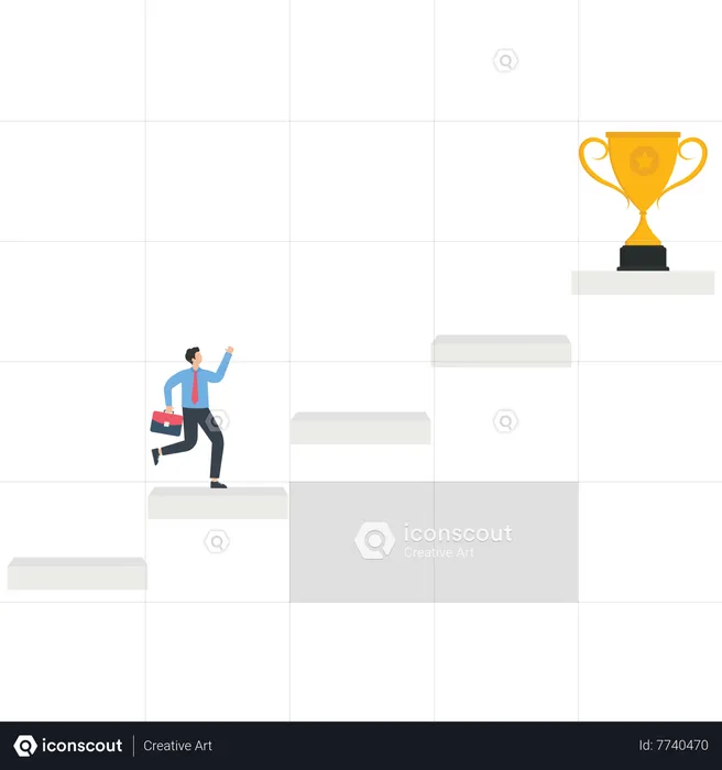 Businessman looks at a trophy at top a ladder  Illustration