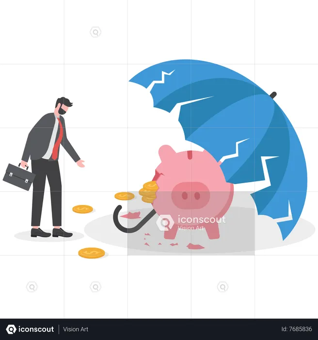 Businessman looks at Piggy bank under broken umbrella  Illustration
