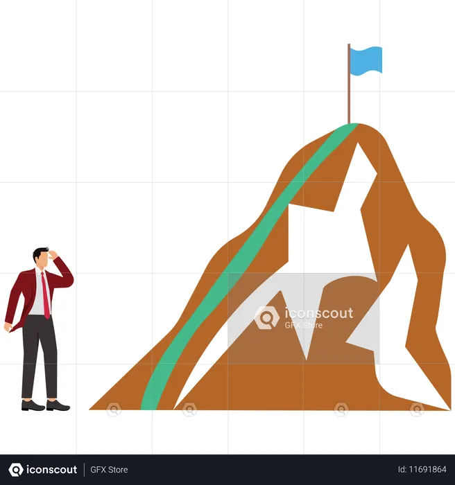 Businessman looks at the target flag on the top of the mountain  Illustration