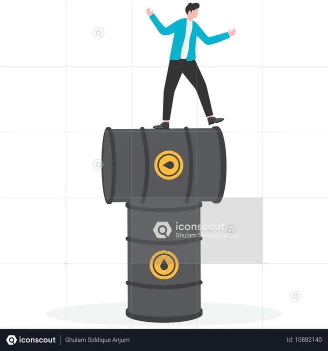 Businessman loses balance in stacked oil barrels  Illustration