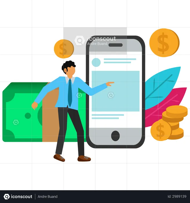 Businessman making money online with smartphone  Illustration