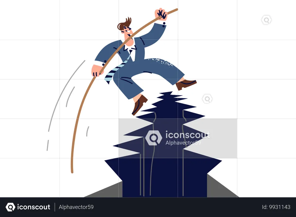 Businessman manager overcomes obstacle on way while crossing large hole with help of pole  Illustration