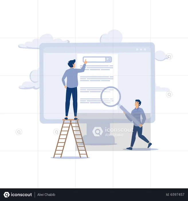 Businessman marketing team move website ranking on search result page  Illustration