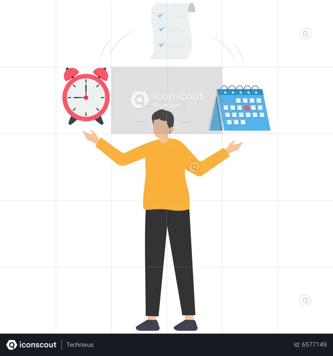 Businessman Meditate Balancing Clock And Calendar On Completed Task Paper  Illustration
