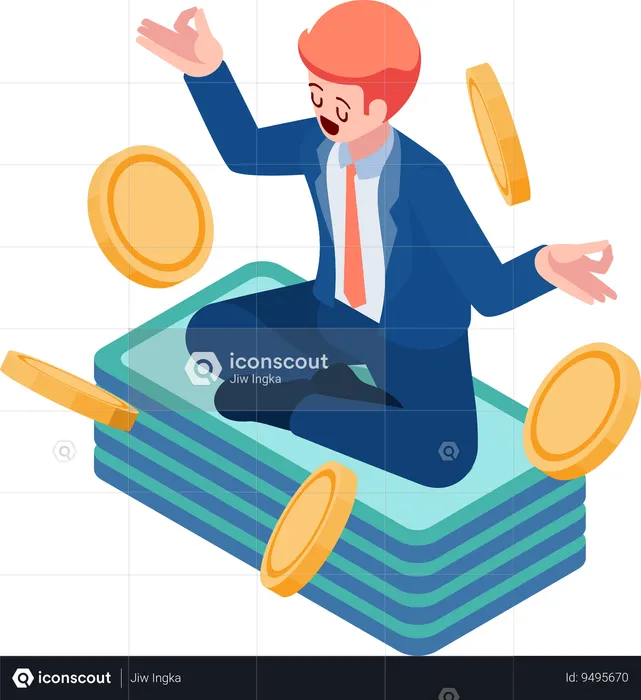 Businessman Meditating on Pile of Money and Coin  Illustration