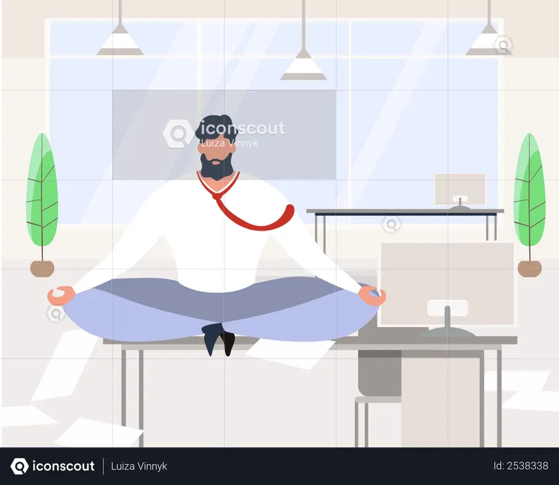 Businessman Meditating Sit on office Table  Illustration