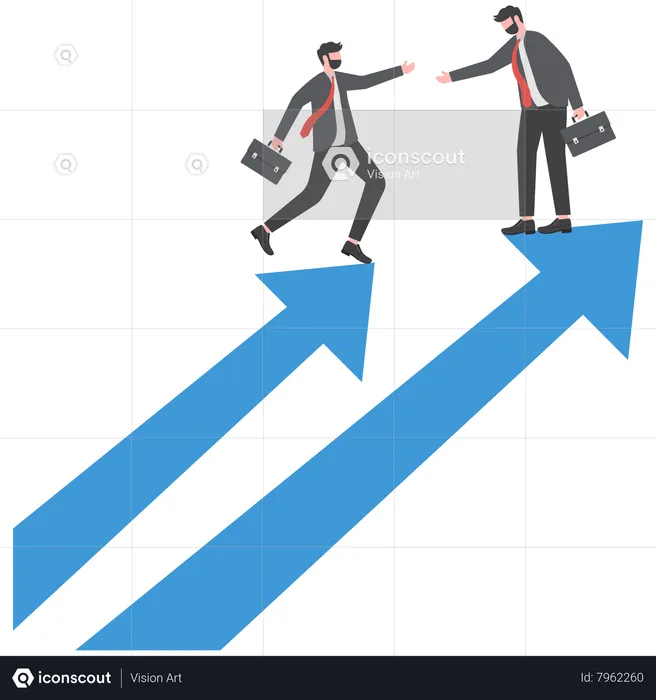 Businessman mentor help co-worker to climb growth arrow chart  Illustration