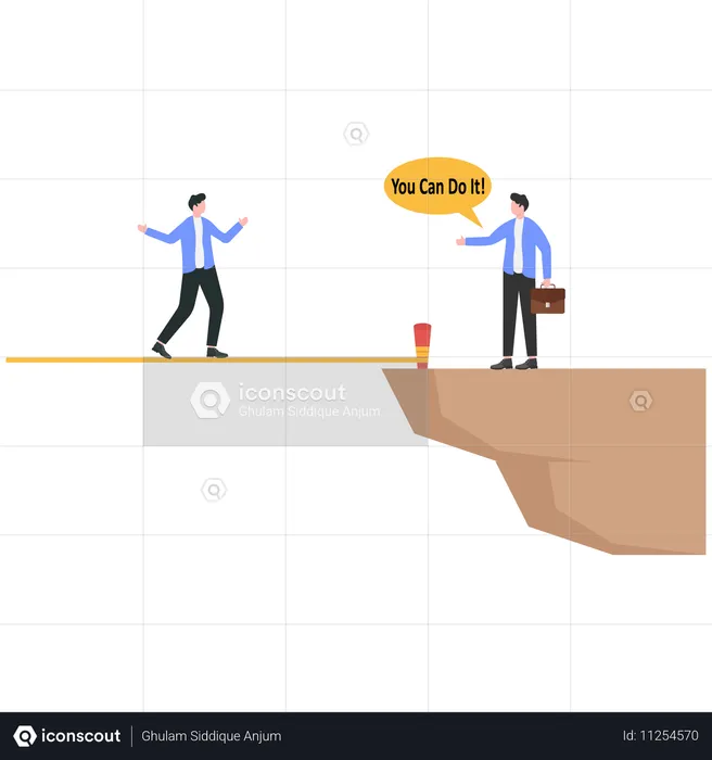 사업가가 친구에게 "너는 할 수 있어"라고 말하며 절벽을 건너라고 격려하다  일러스트레이션