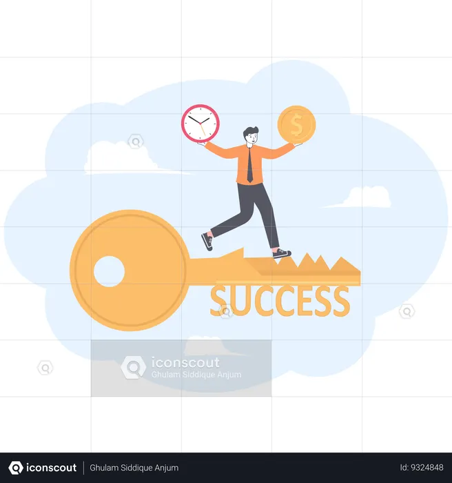 Businessman on golden key to success time and money  Illustration