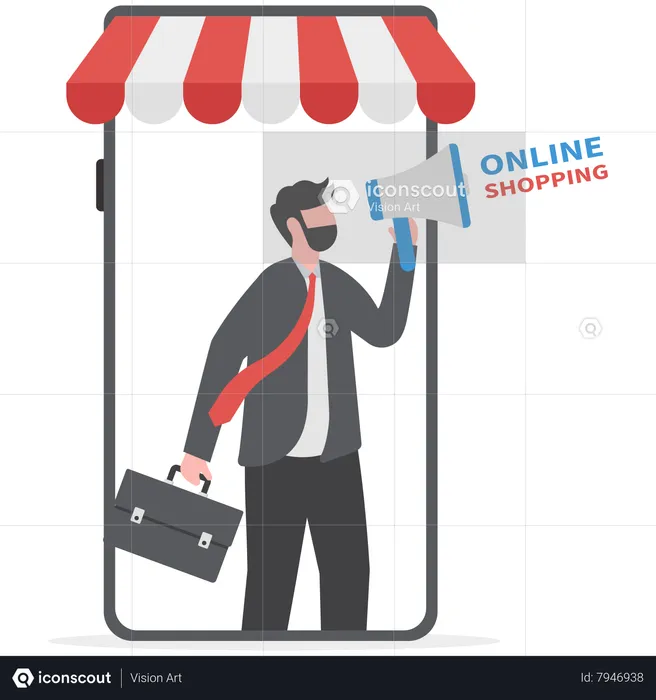 Businessman on smartphone with E-shop online store internet shop promotion  Illustration
