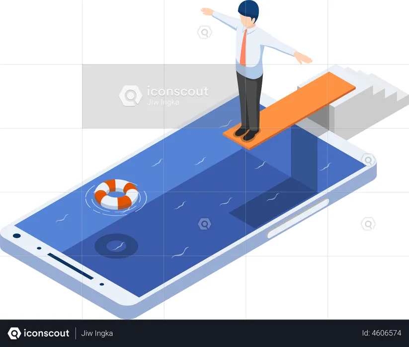 Businessman on springboard ready to jump in the smartphone poo  Illustration