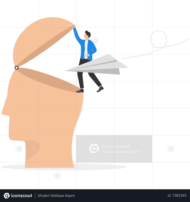Businessman open human head to let origami paper airplane flying inside  Illustration