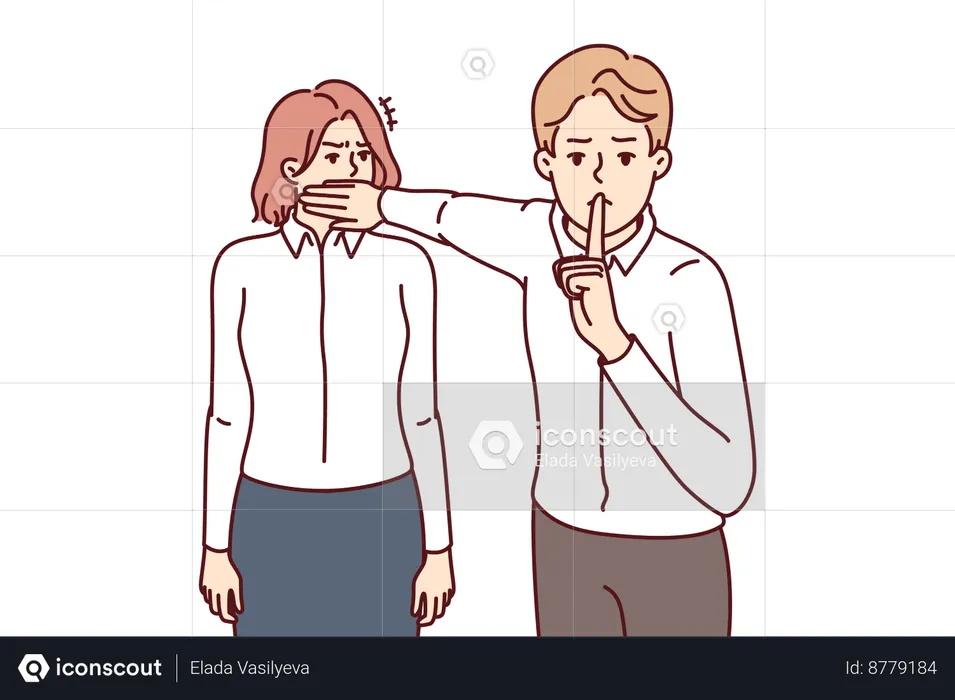 Businessman orders employee to keep her mouth shut  Illustration